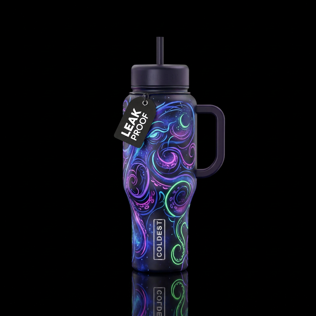 calligraphy, beautiul, luxurious, cosmic horror, v... water bottle design