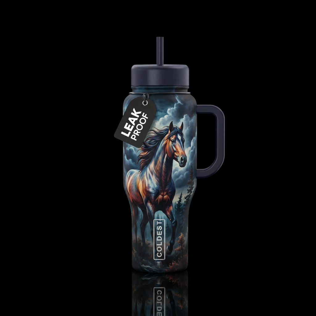 wild horse, clouds, trees, dark mood lighting water bottle design