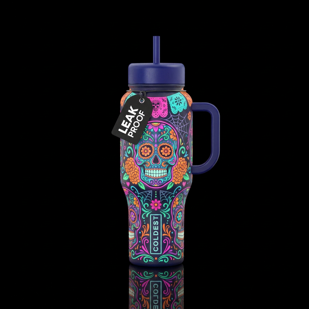 Day of the dead,, vibrant, glowie, dark water bottle design