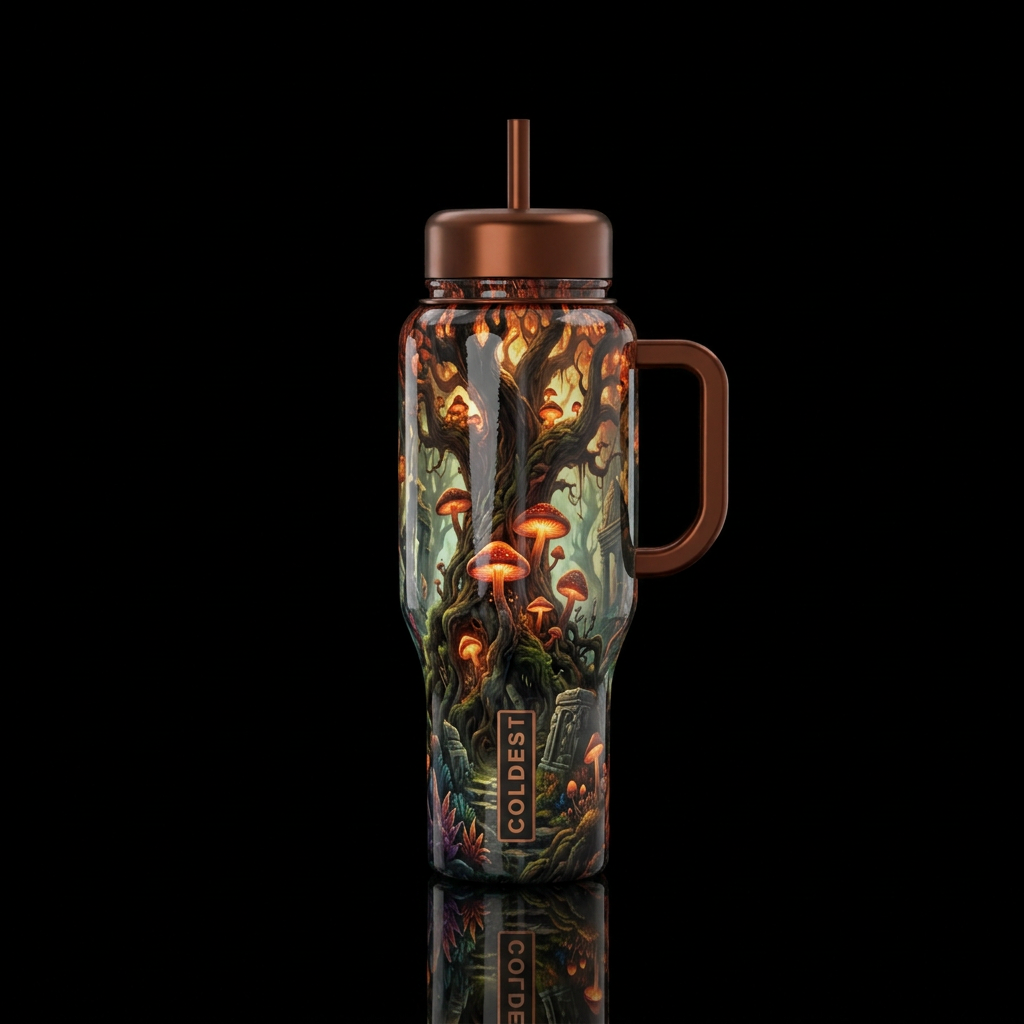 mushroom forest, realism, old, firery, fantasy, sh... water bottle design