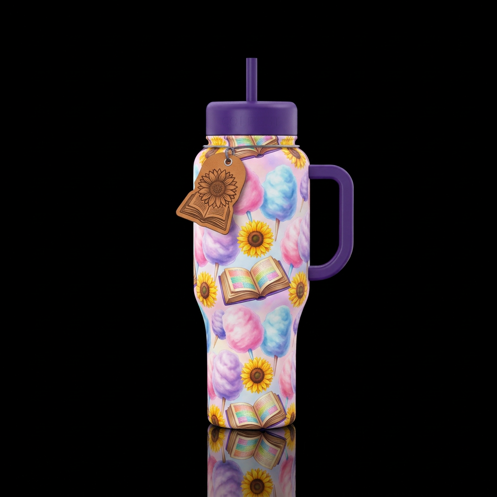 Cotton candy, sunflowers, books water bottle design