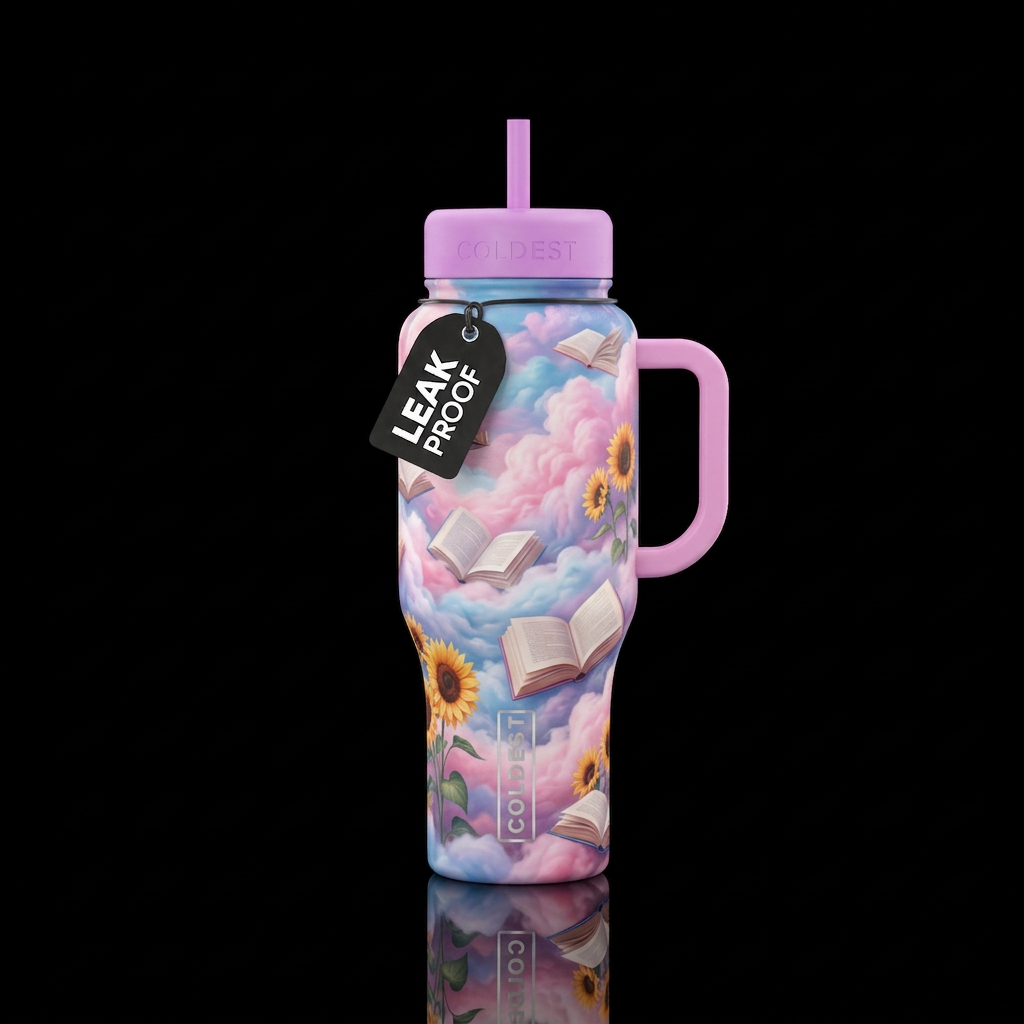 Cotton candy, cloud background books and sunflower... water bottle design