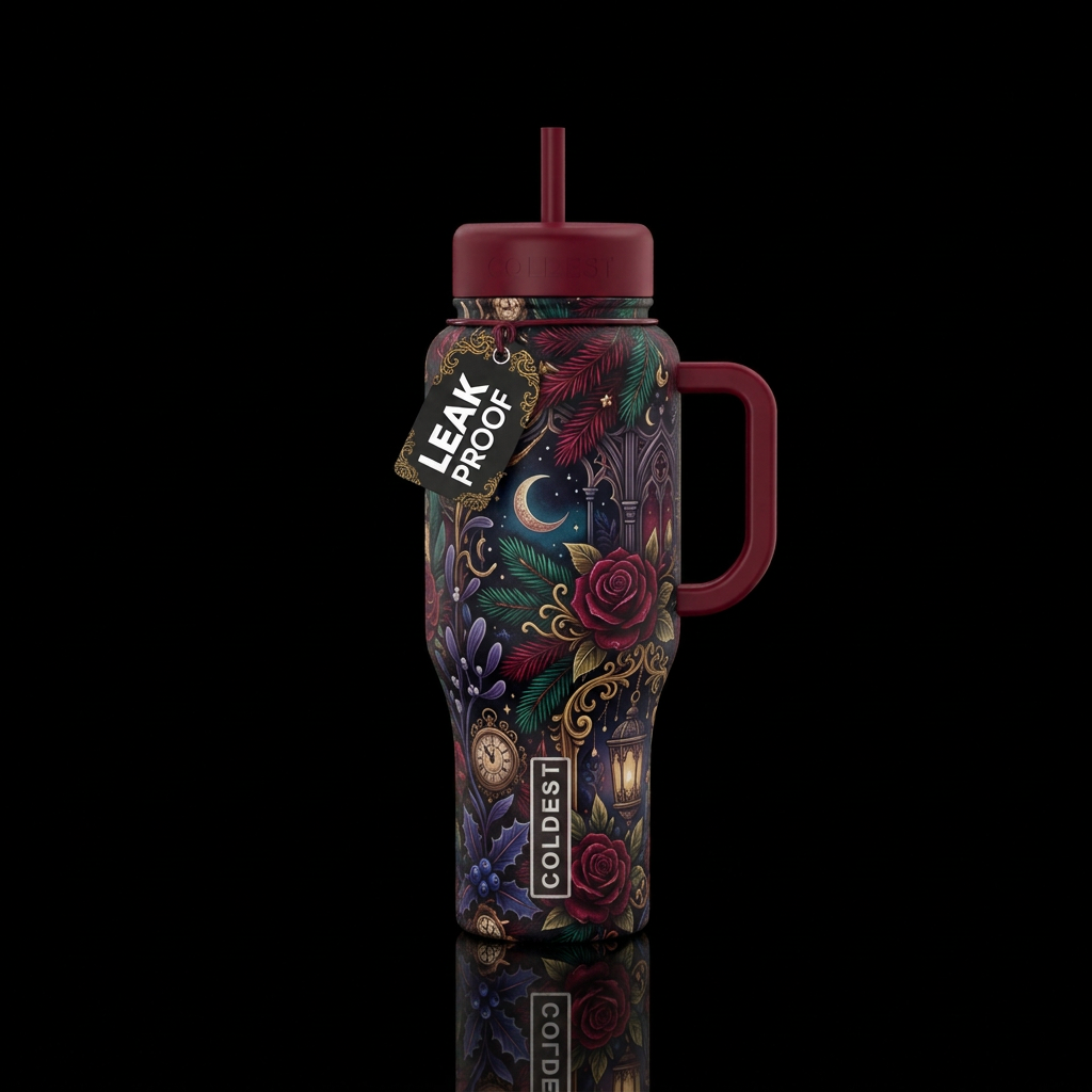 romanticism,, darkness, fantasy, Christmas water bottle design
