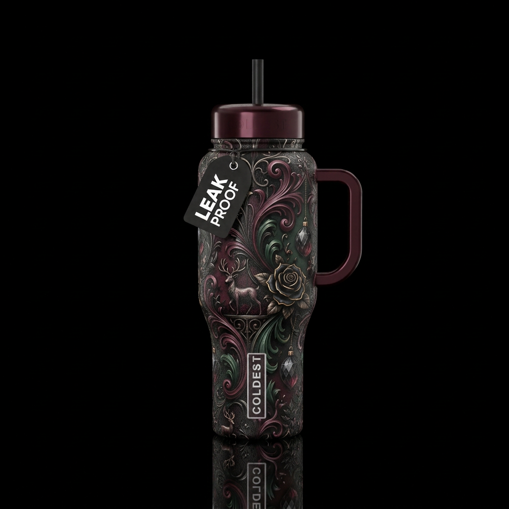 romanticism,, darkness, fantasy, Christmas water bottle design