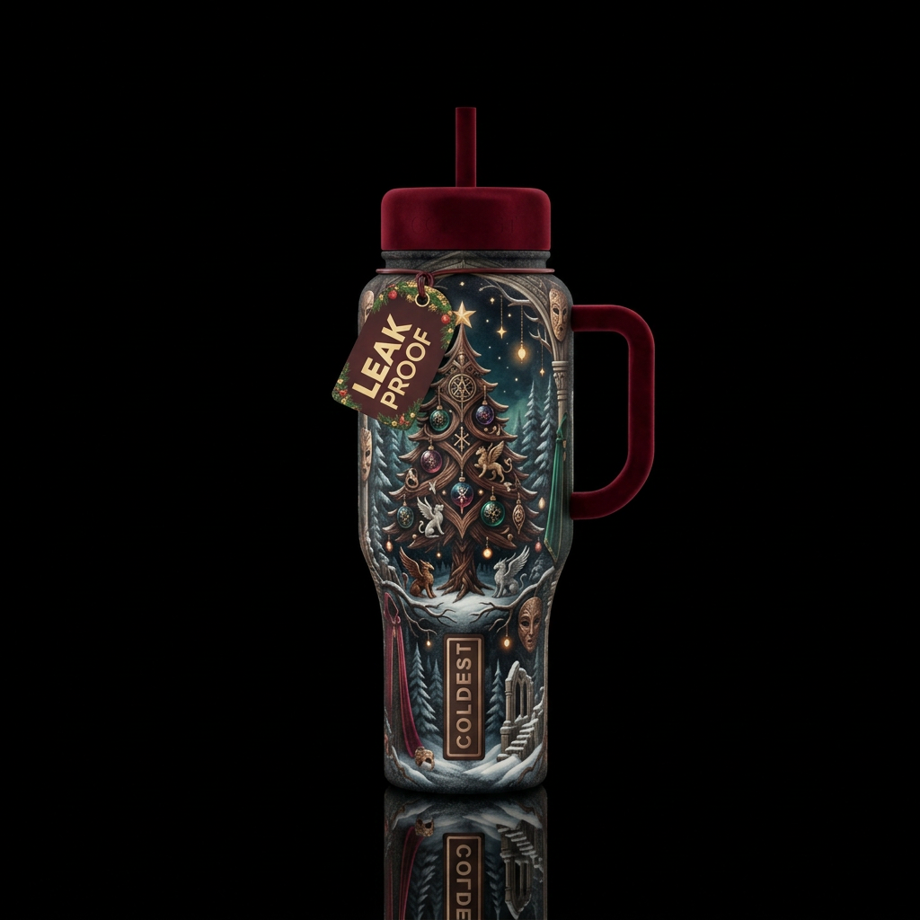 romanticism,, darkness, fantasy, Christmas water bottle design