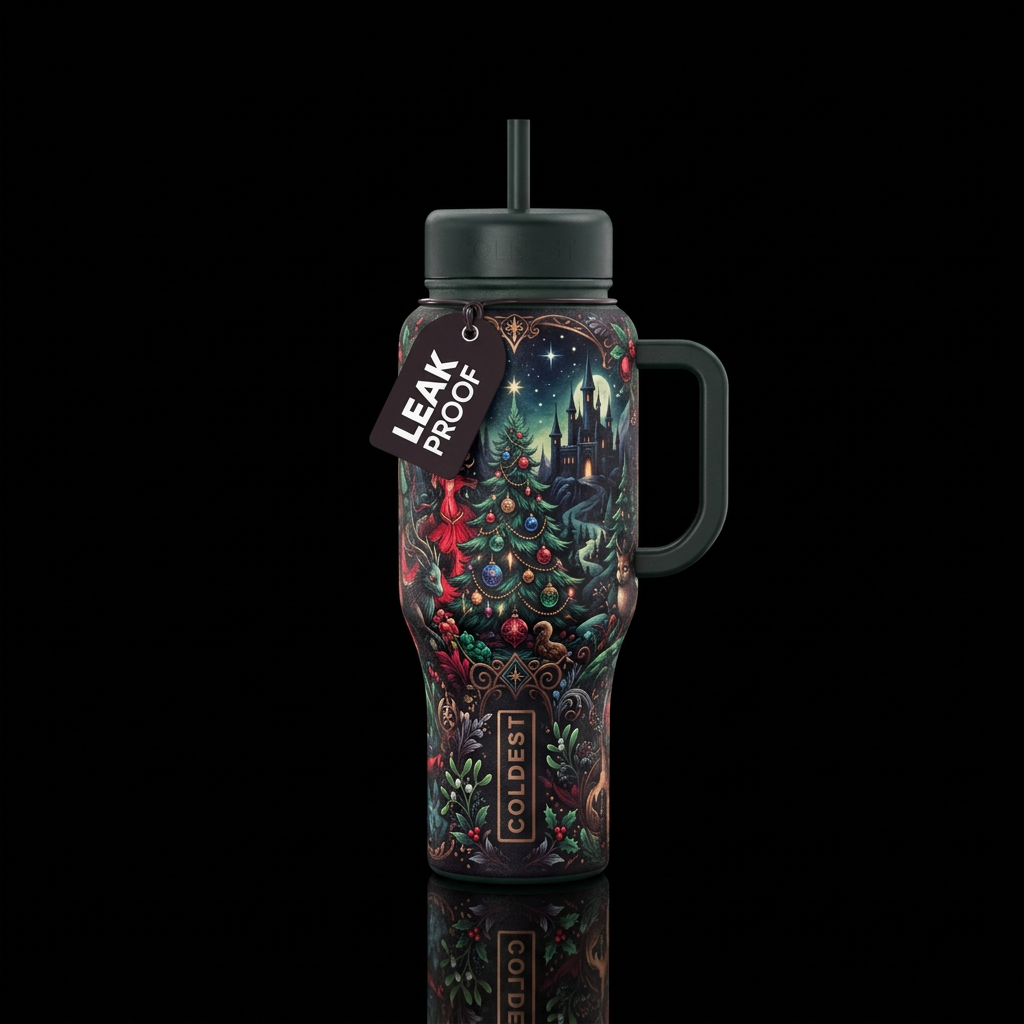 romanticism,, darkness, fantasy, Christmas water bottle design