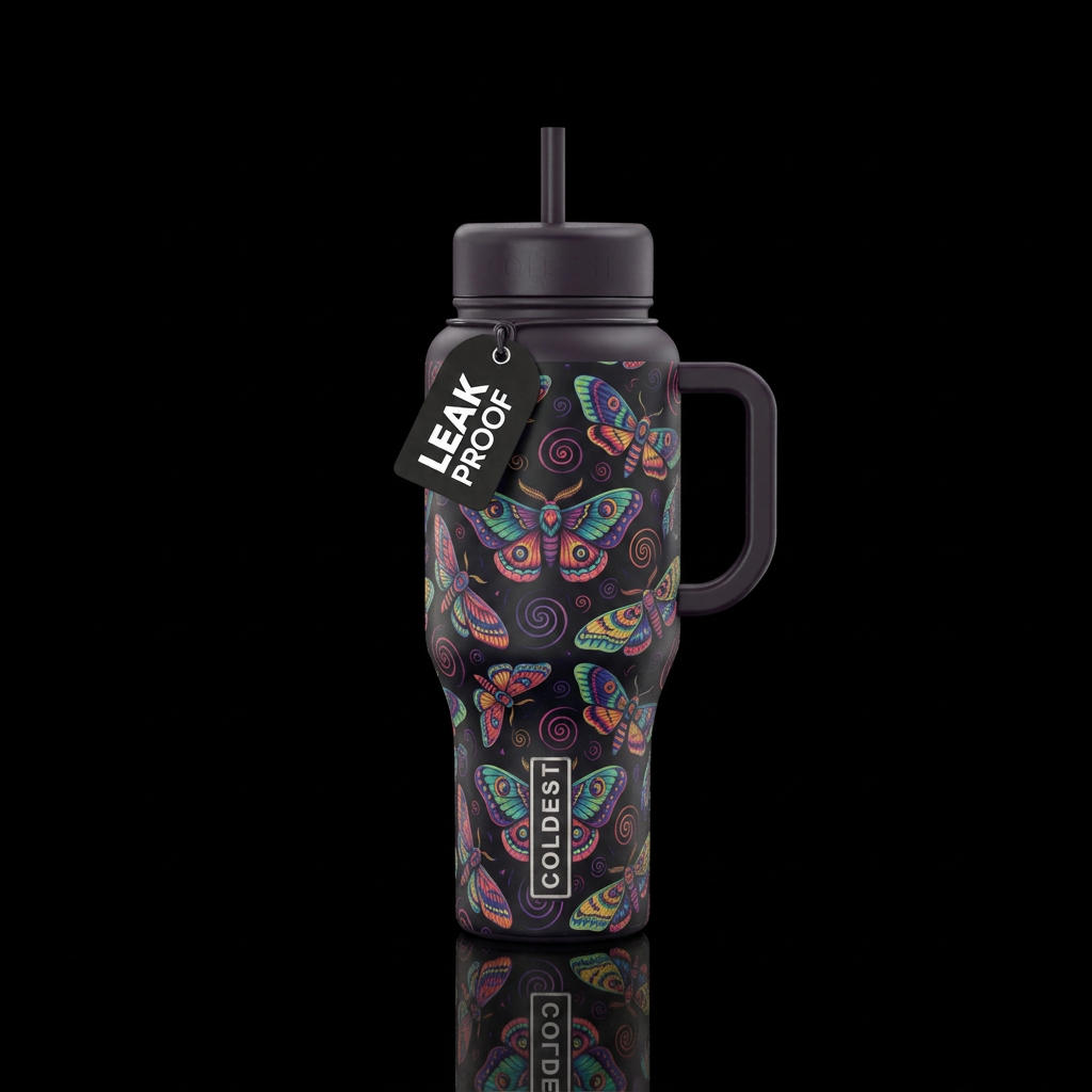 moth, dark mood, spirals, seamless water bottle design