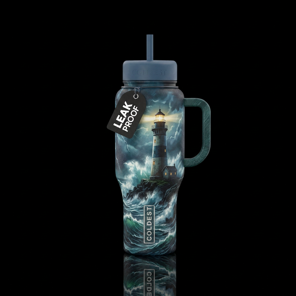 lighthouse stormy seas water bottle design
