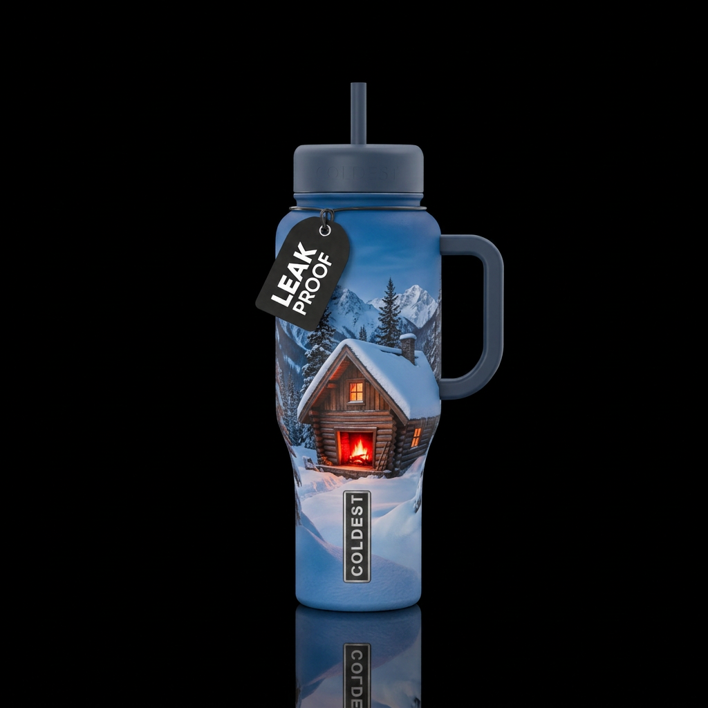 mountain log cabin winter time with fire in firepl... water bottle design