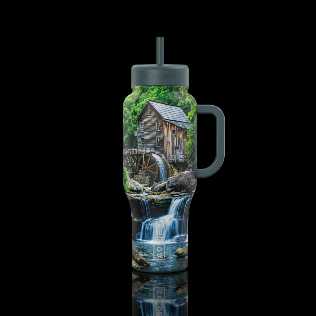 grist mill water wheel on a waterfall water bottle design