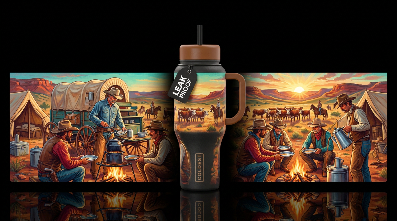 cattle drive cowboys and drive cook serving breakf... water bottle design