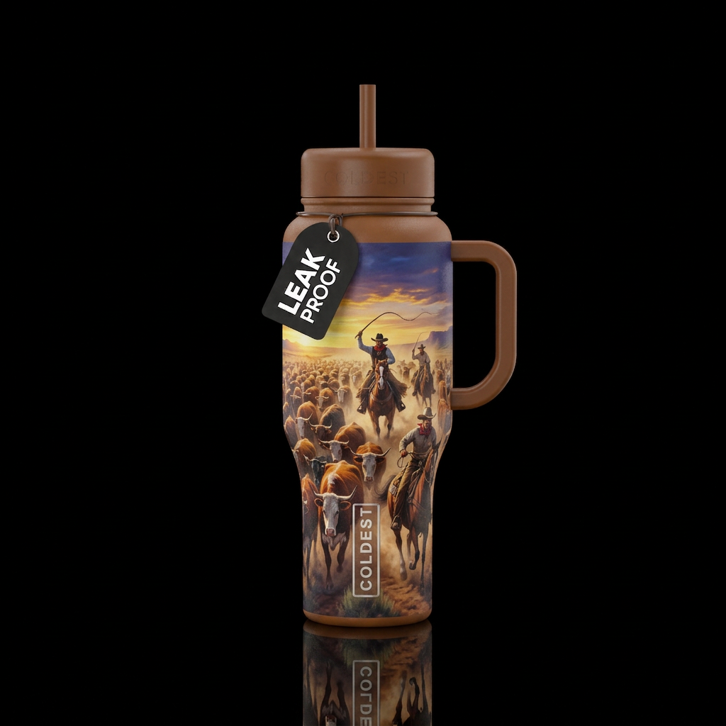 cowboys working a stampede water bottle design