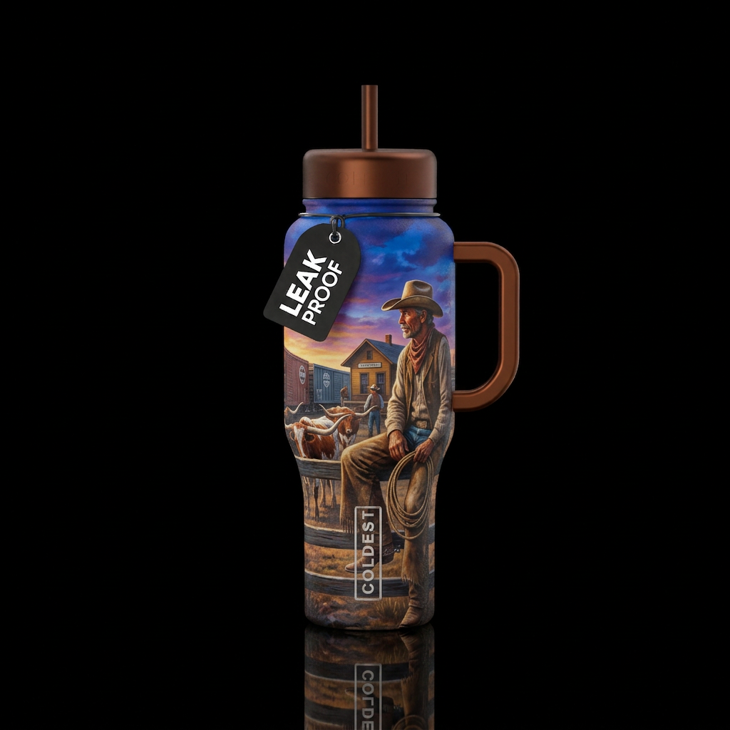 cowboy at the end of a cattle drive water bottle design