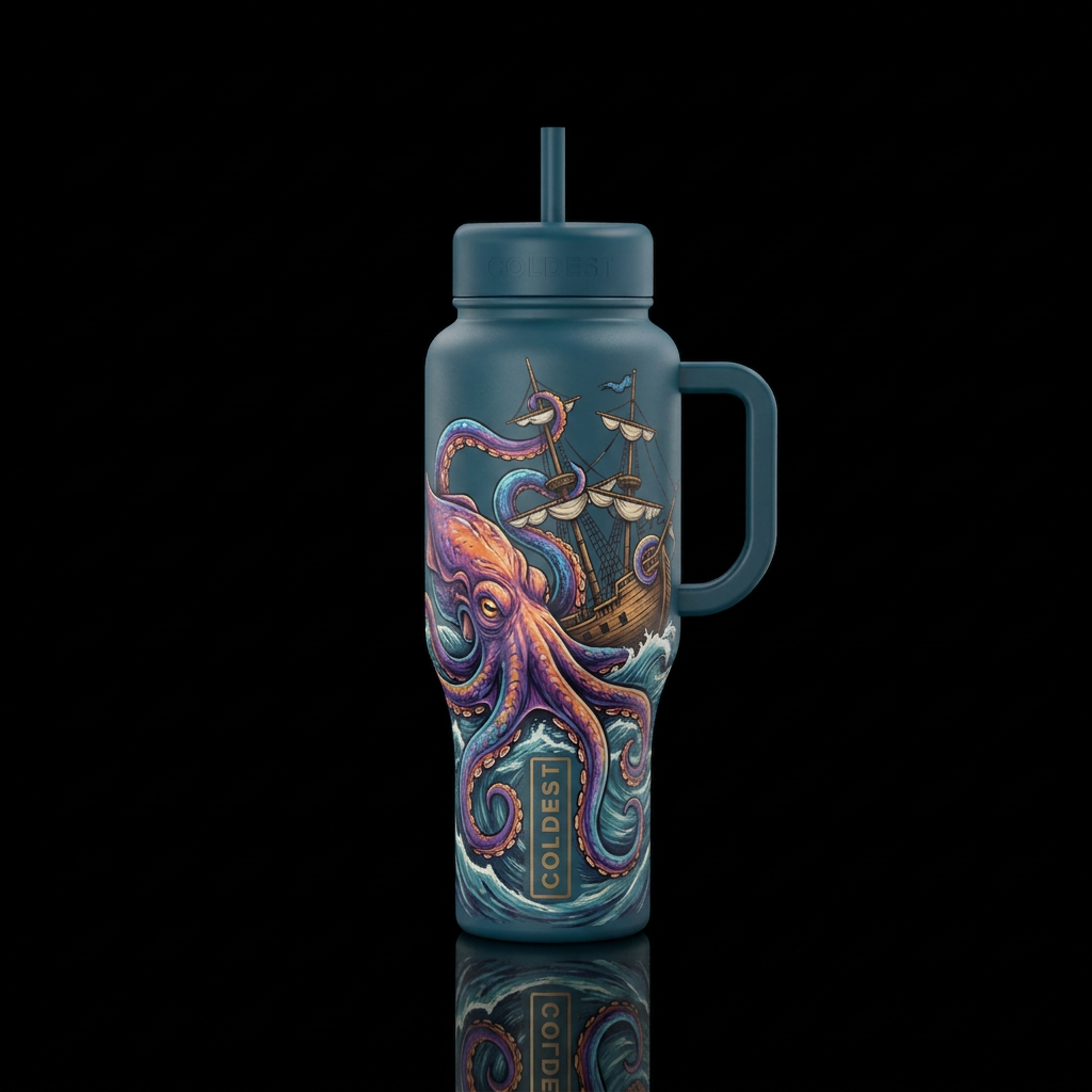 kracken attacking a wooden sailing ship water bottle design