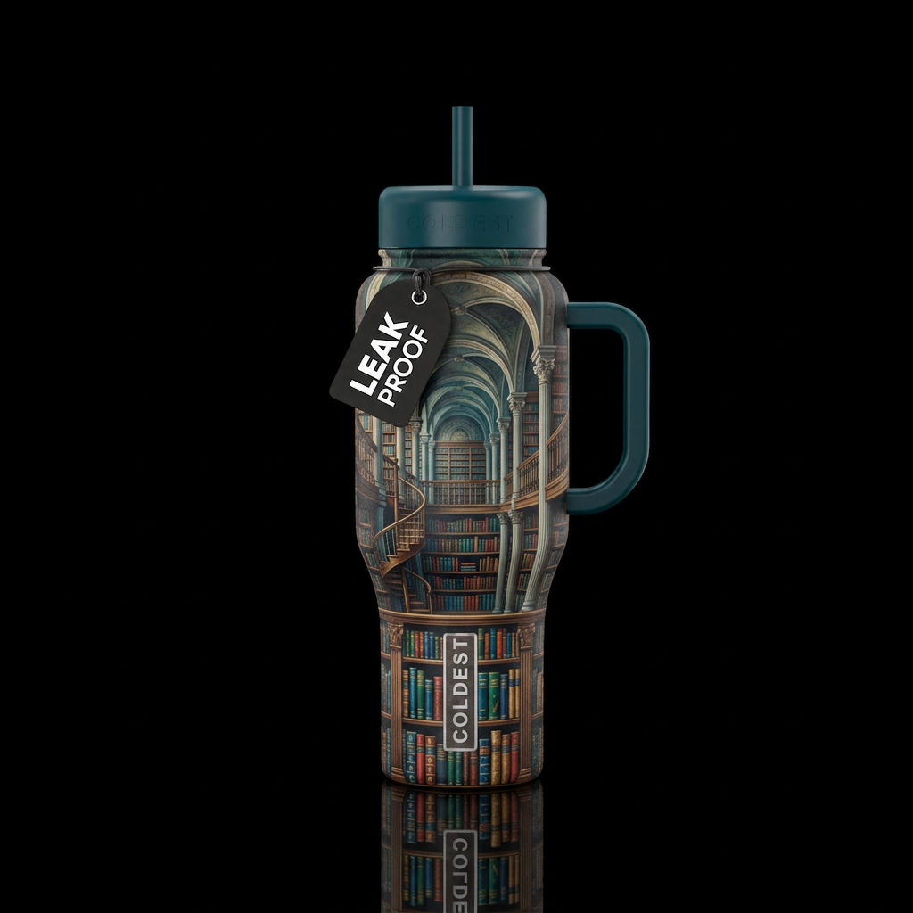 infinite ancient library water bottle design