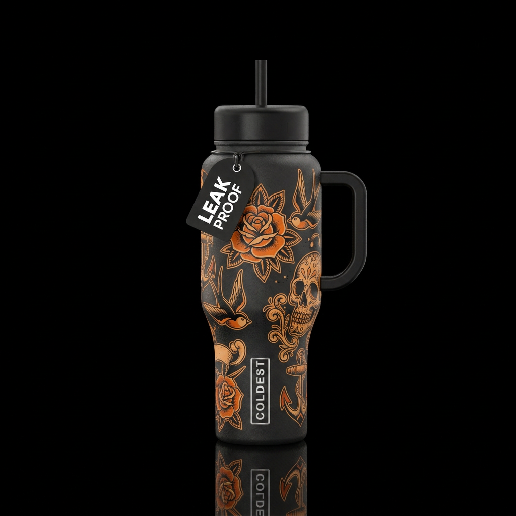 A tattoo inspired Tumblr with orange and black, bu... water bottle design