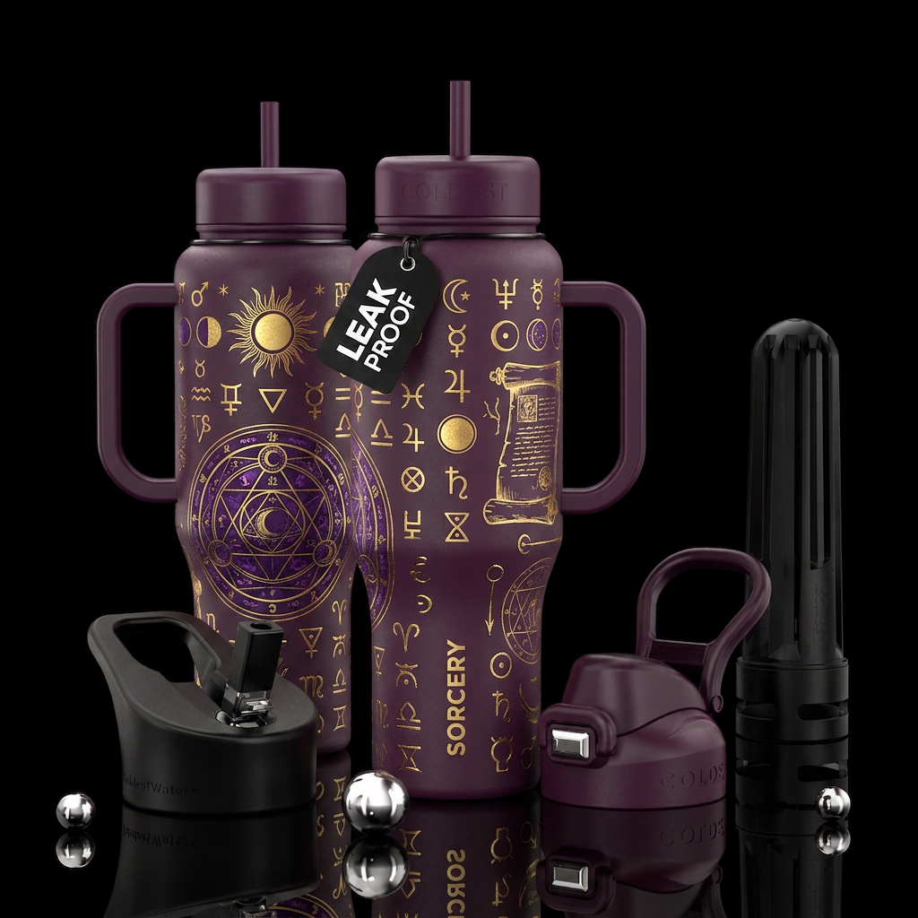 Please show front and back of cup, witchcraft, sor... water bottle design