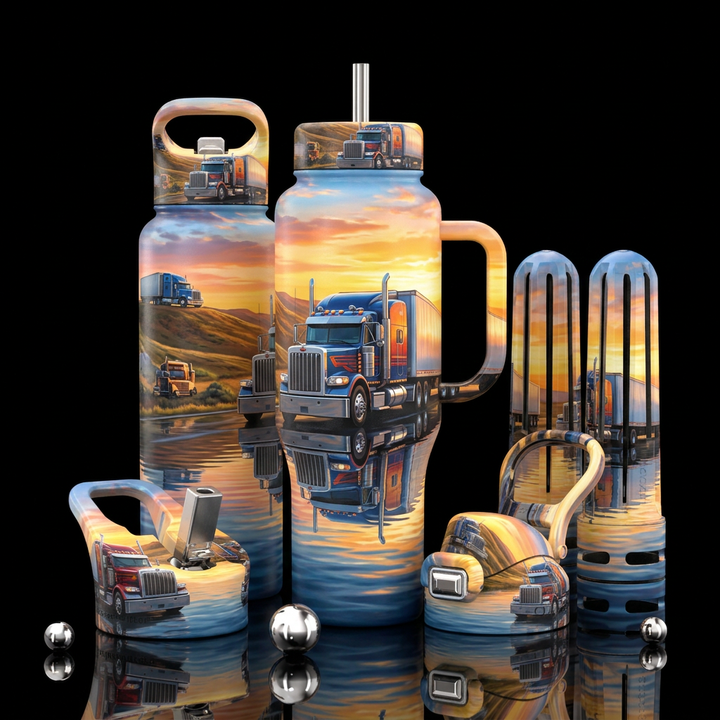 Please show front and back of cup, semi truck, 18-... water bottle design