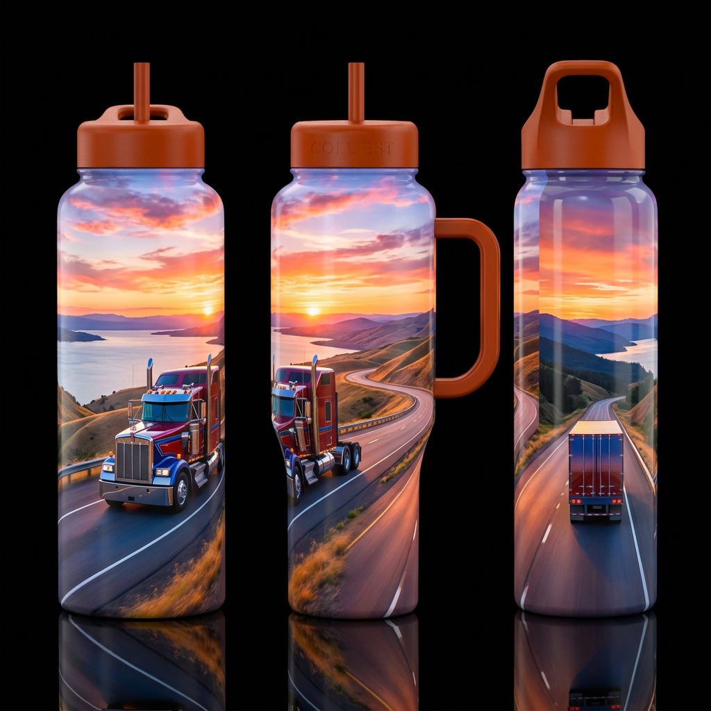 Please show front and back of cup, semi truck, 18-... water bottle design
