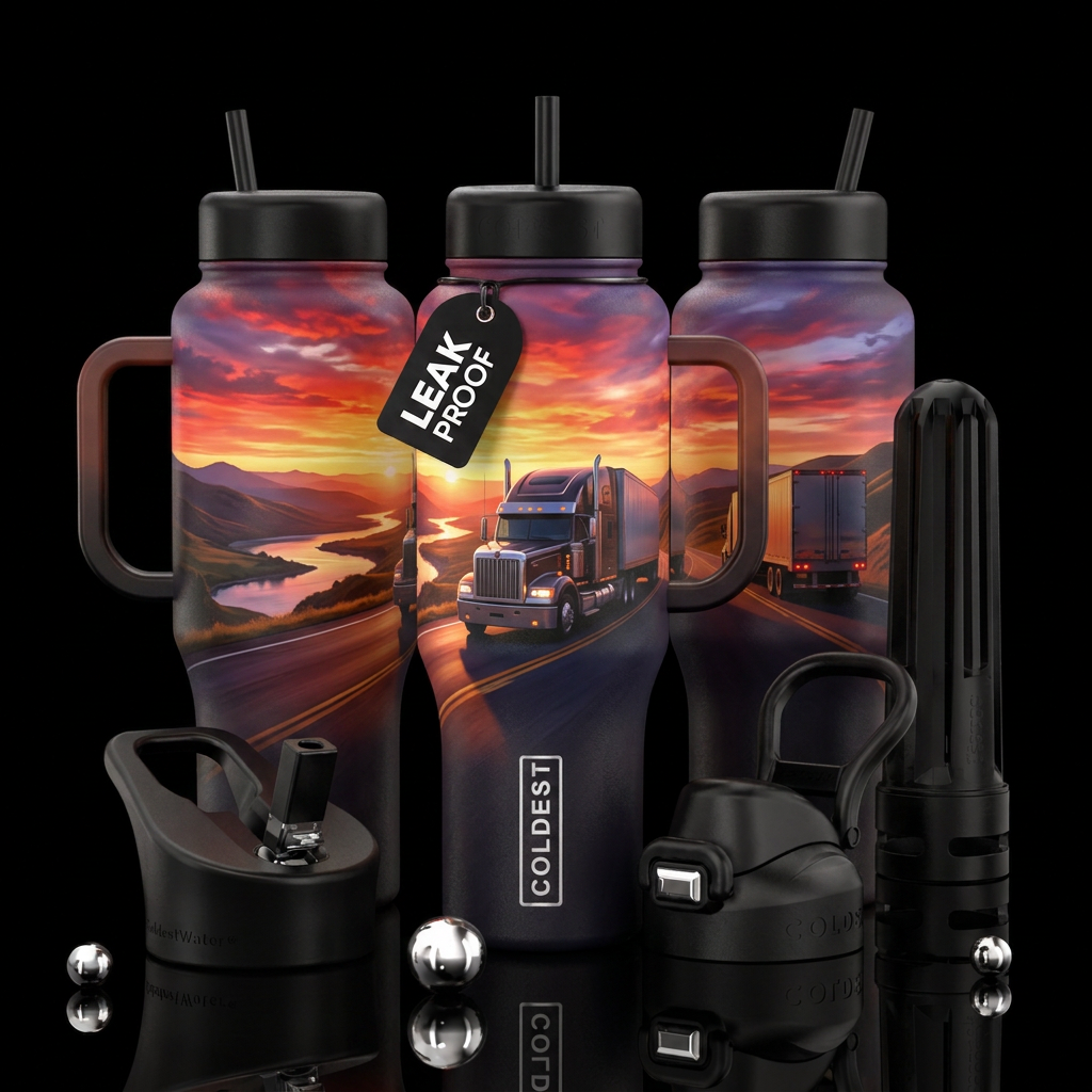 Please show front and back of cup, semi truck, 18-... water bottle design