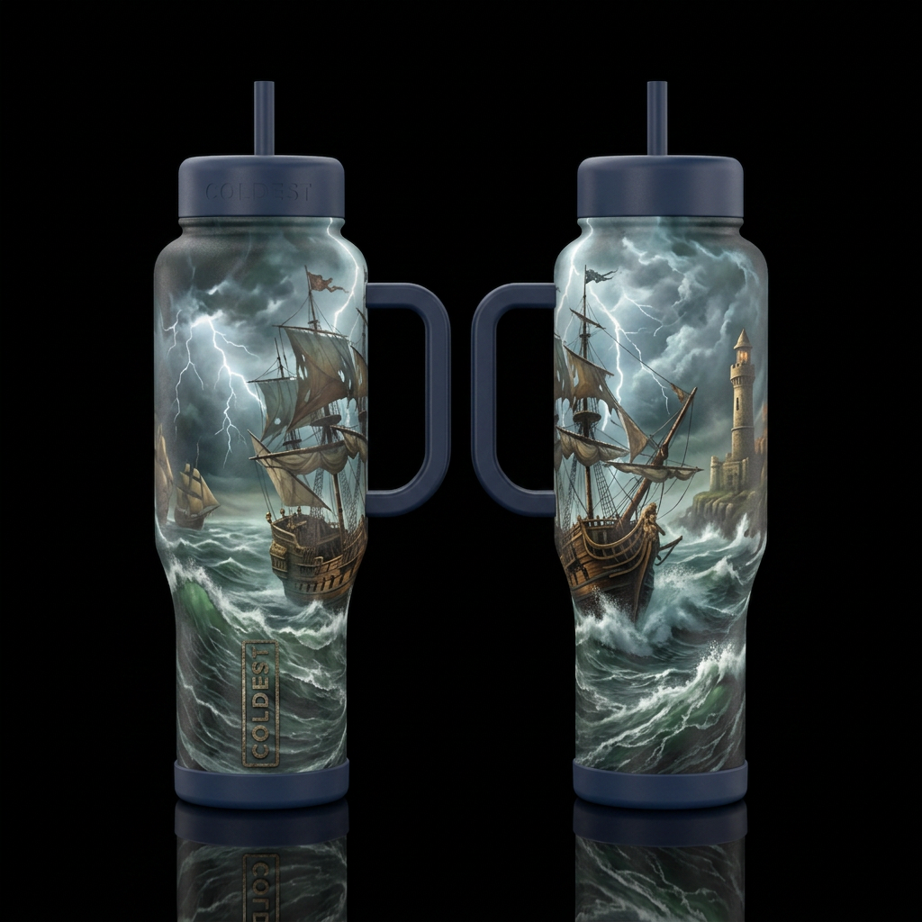 Please show front and back of bottle stormy seas, ... water bottle design