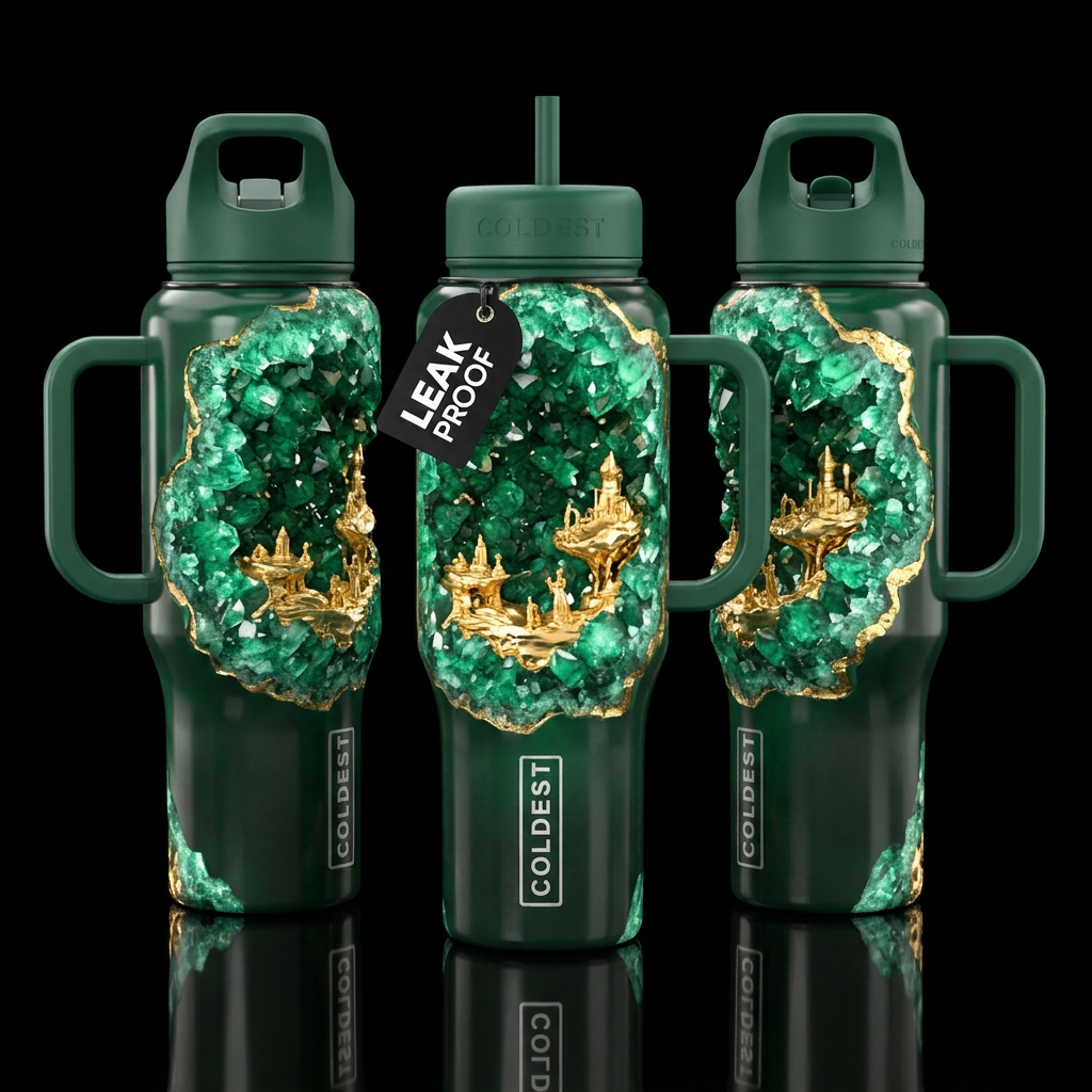 Please show front and back of cup emerald geode wi... water bottle design