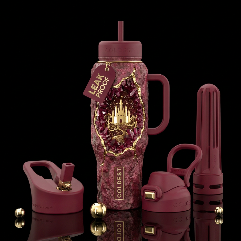 Please show front and back of cup ruby geode with ... water bottle design