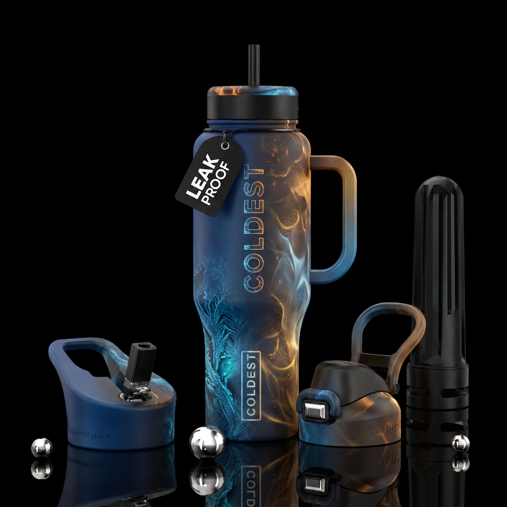 Show both sides of cup subtle, fire and ice, matte... water bottle design
