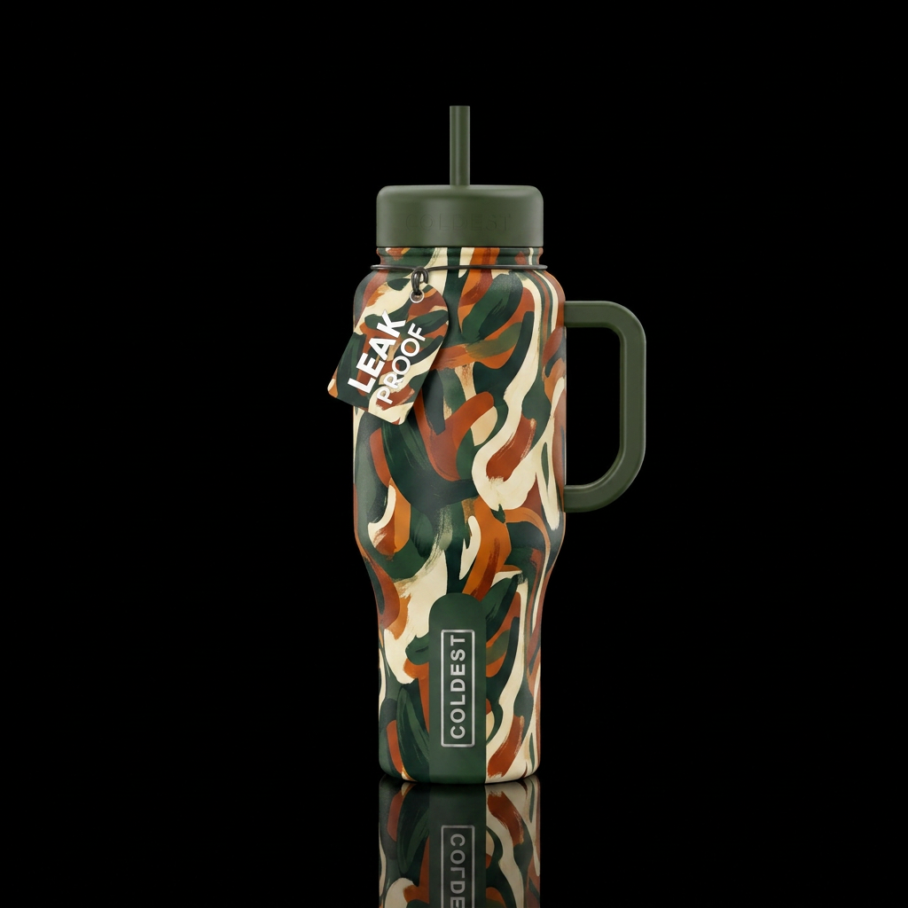 Abstract, green, orange, cream, masculine water bottle design