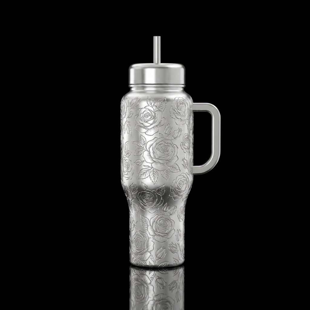 Silver bottle etched with a rose pattern water bottle design