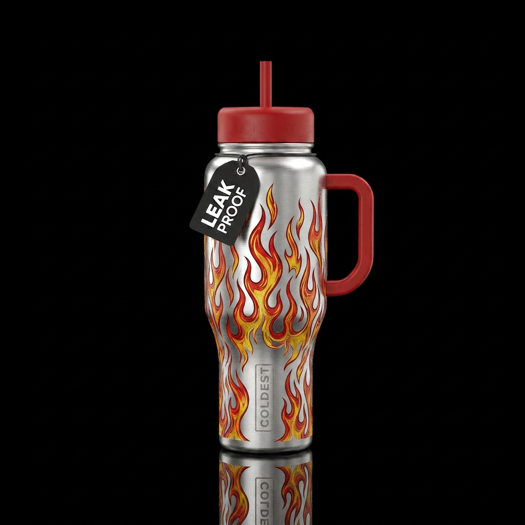 Silver bottle etched with flames. Make the etching... water bottle design