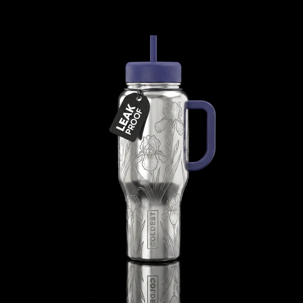 Silver bottle etched irises water bottle design