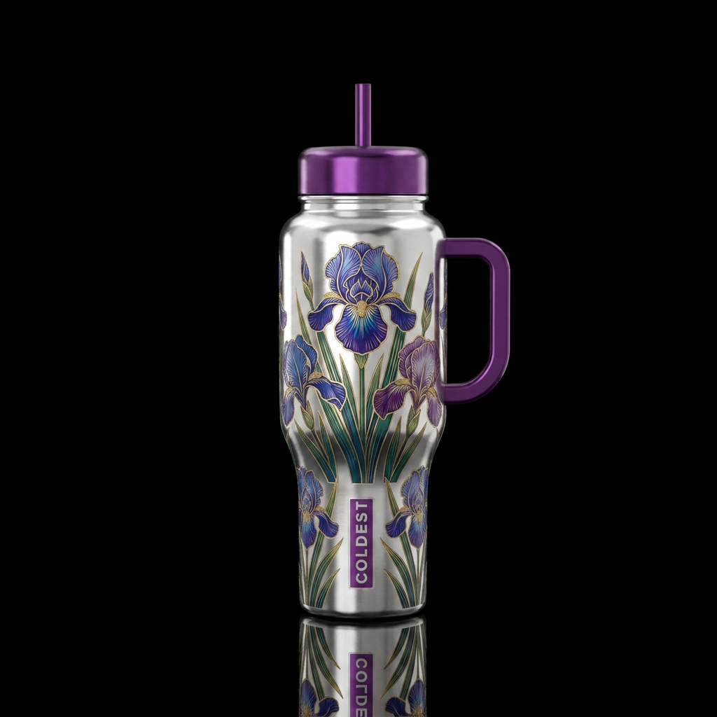 Silver bottle etched irises water bottle design