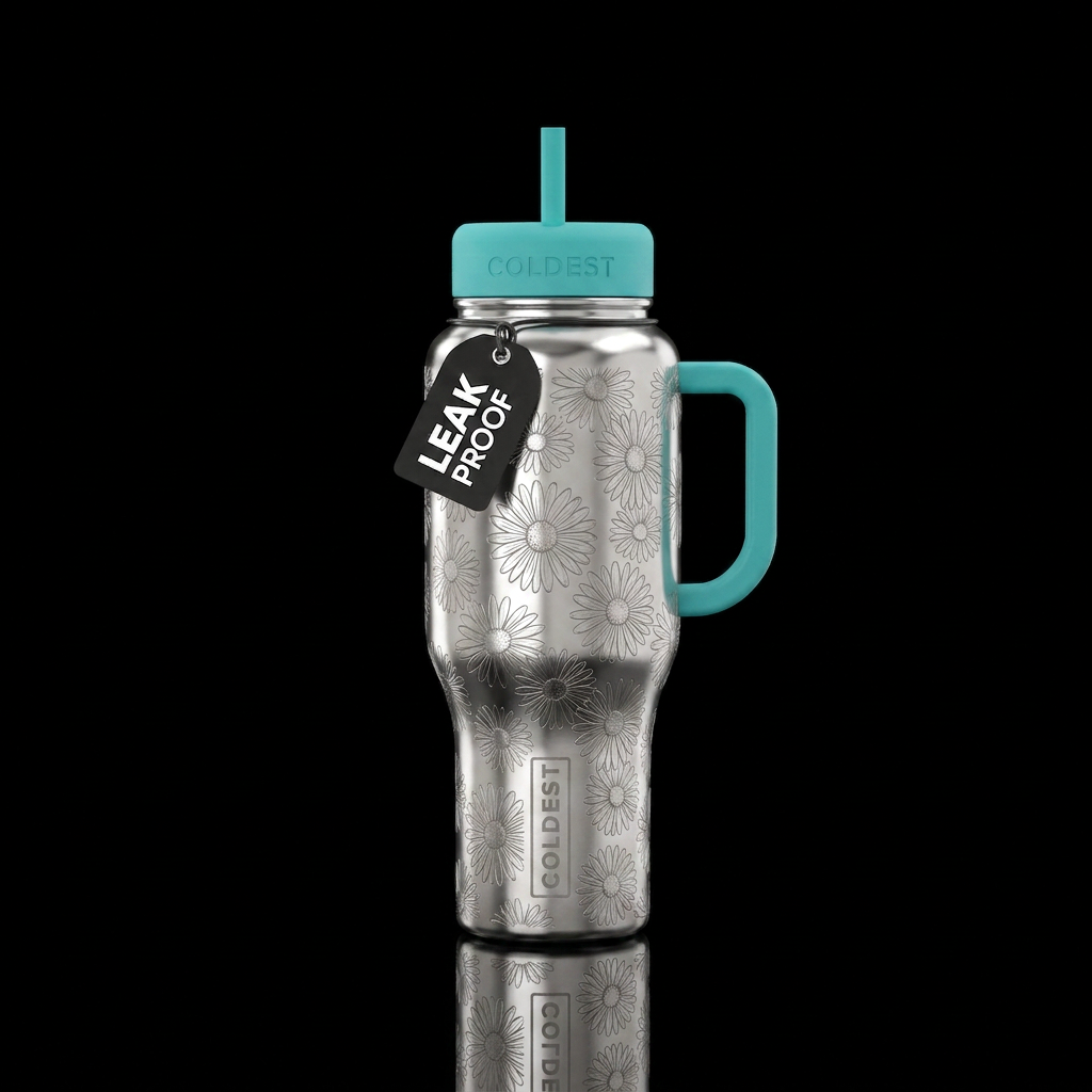 Silver bottle etched daisies water bottle design