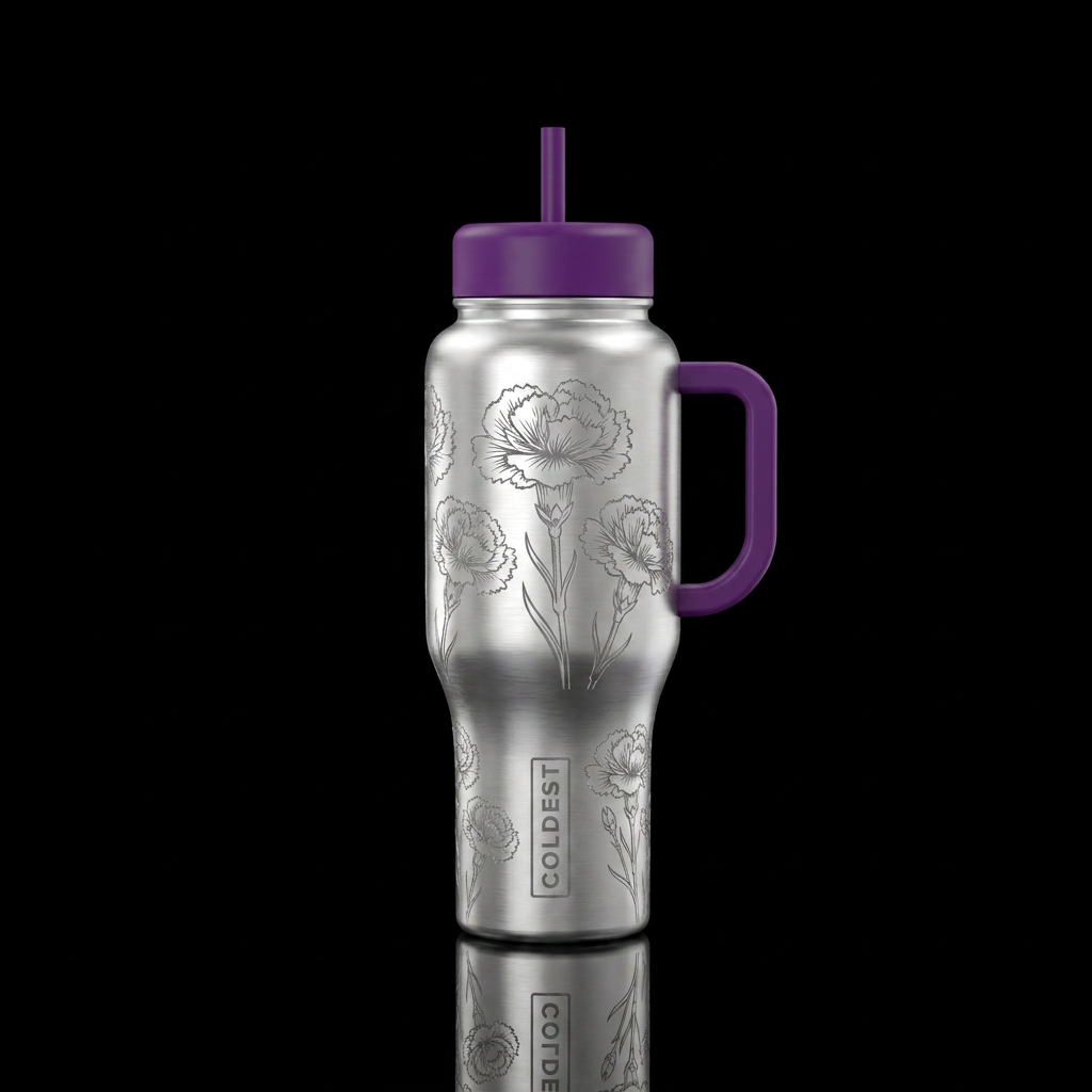 Silver bottle etched carnations water bottle design