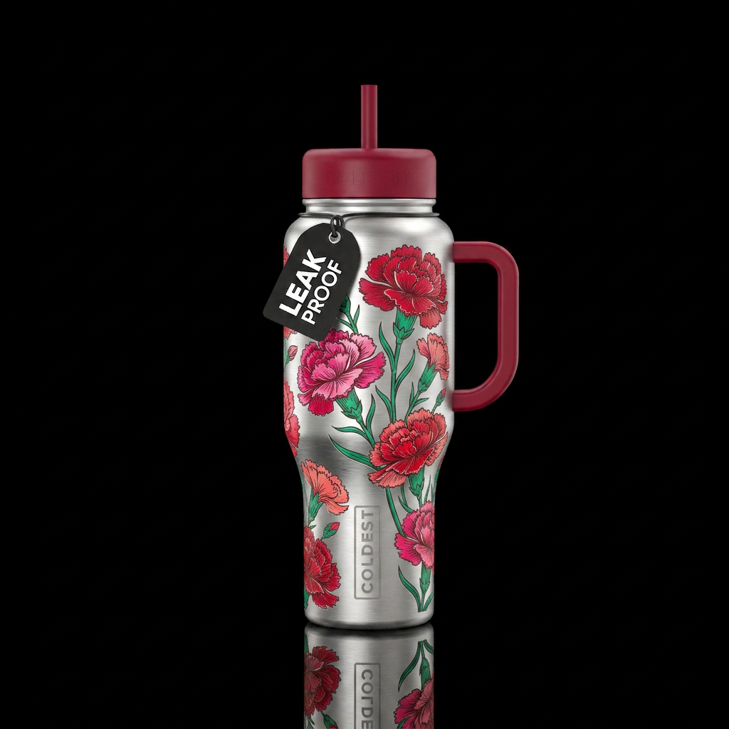 Silver bottle etched carnations water bottle design