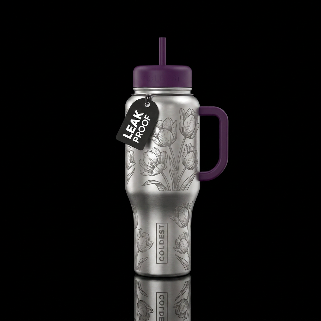 Silver bottle etched tulips water bottle design