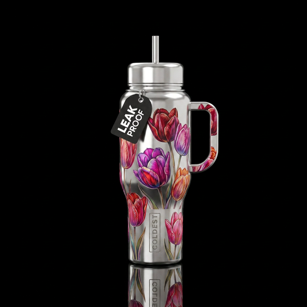 Silver bottle etched tulips water bottle design