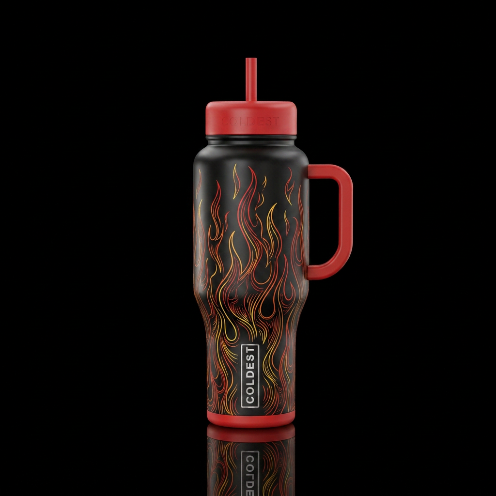 Black bottle  etched flames thin lines in flames o... water bottle design