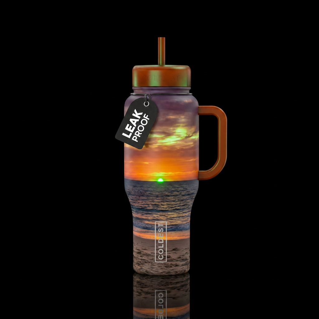 Green flash at sunset on the beach water bottle design
