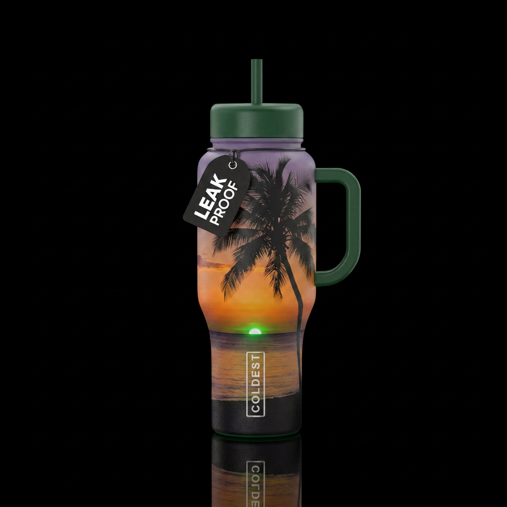 Green flash at sunset on the beach water bottle design