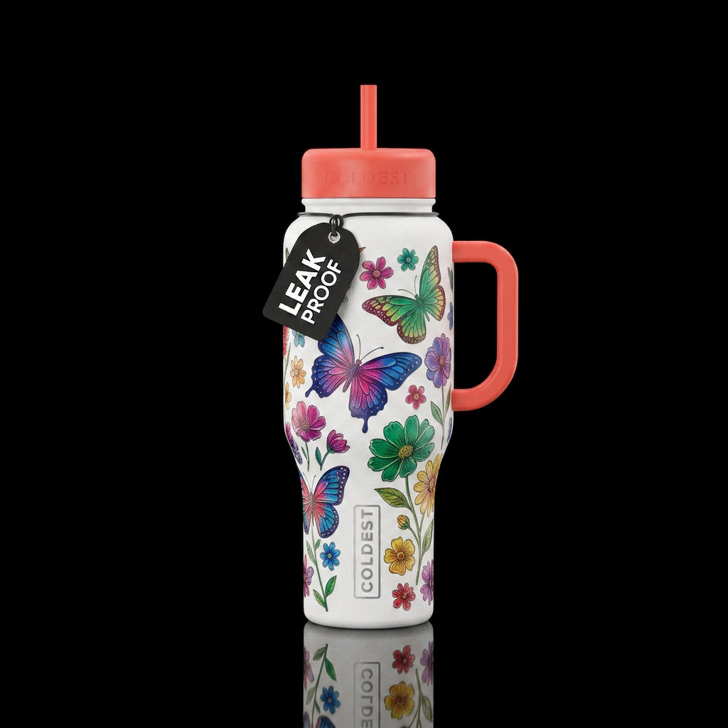 White bottle, etched butterfly, flowers water bottle design