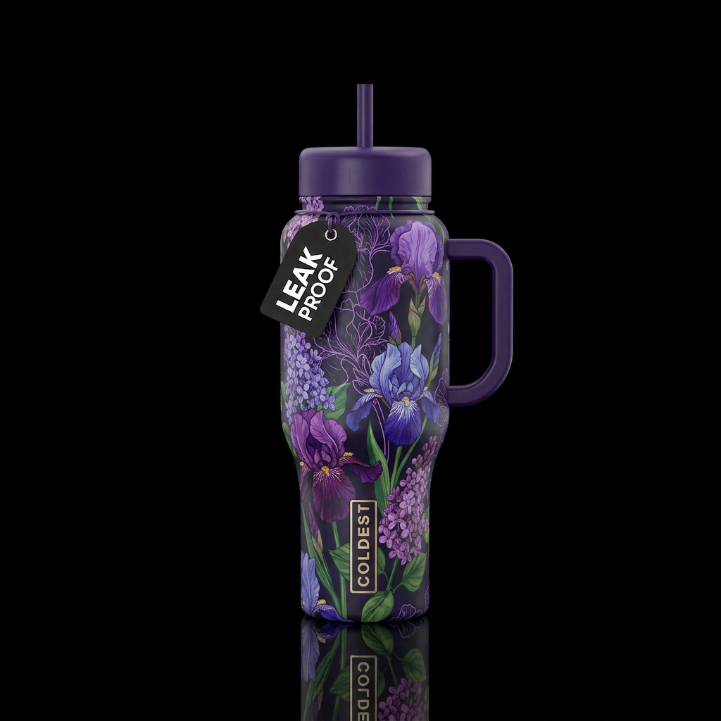 Outline, irises, lilac, purple, Blue, green, artis... water bottle design
