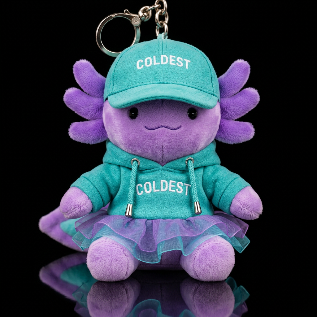 Purple, axilotl, tutu, teal top and cap water bottle design