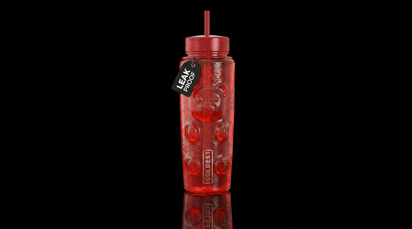 Make the bottle look like a giant red gummy bear water bottle design