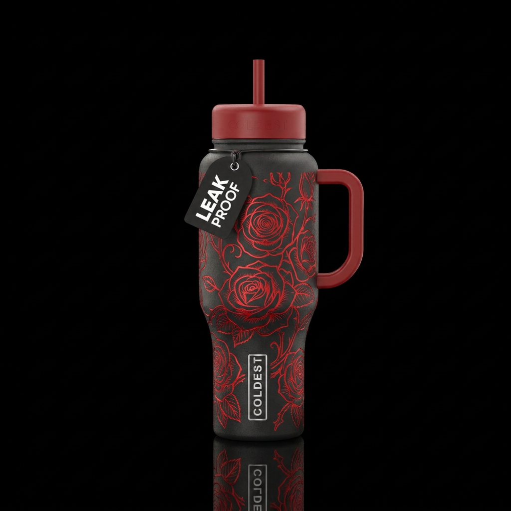 Black cup, red etched roses water bottle design