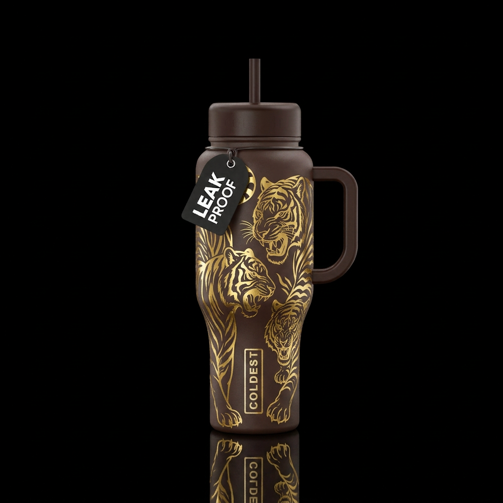 Brown cup gold etched tiger water bottle design