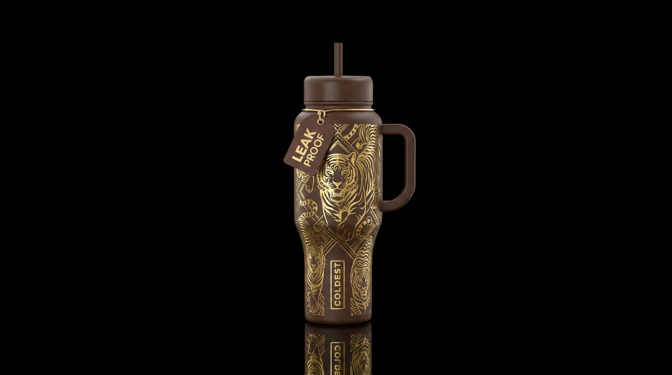 Brown cup gold etched tiger water bottle design