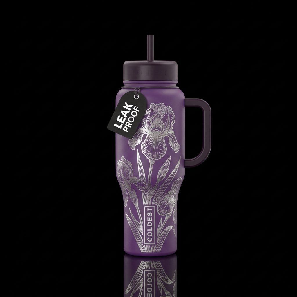 Purple bottle silver etched irises water bottle design