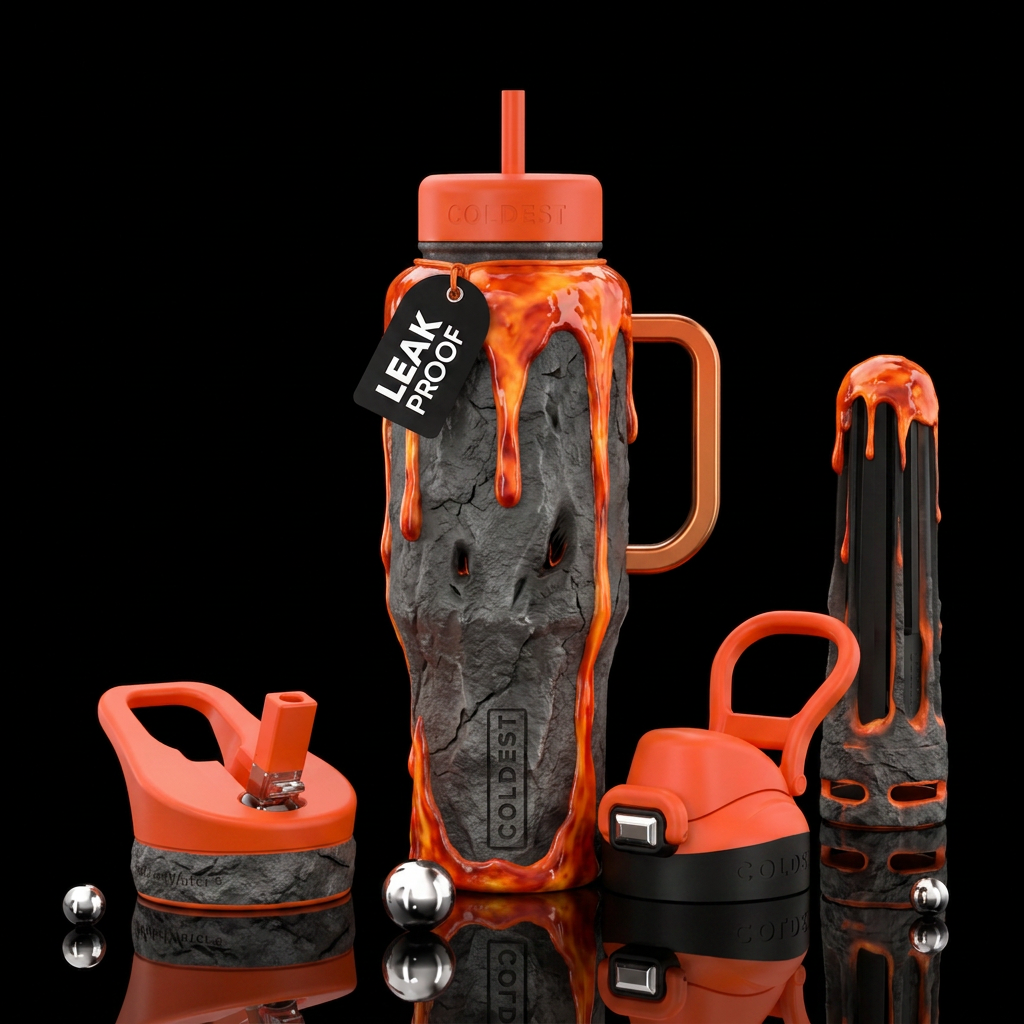 lava dripping from volcano, like an icecream cone water bottle design